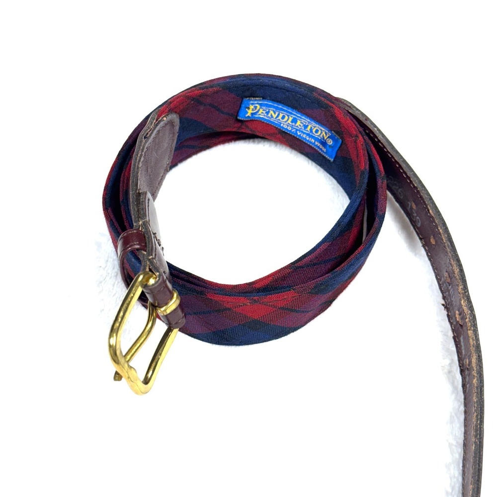 VTG Pendleton Belt Size 38 Red Navy Plaid Virgin Wool Leather Trim Brass Buckle